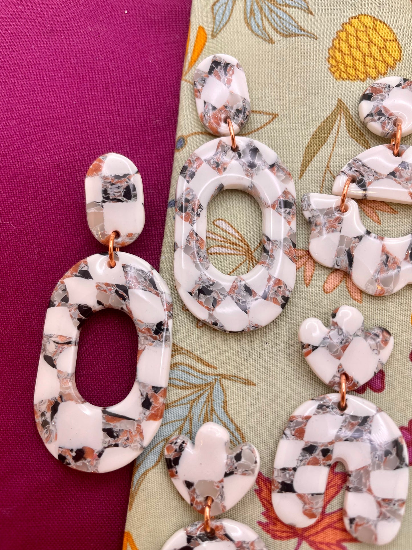 Neutral marble checkerboard drop earrings (group 2)