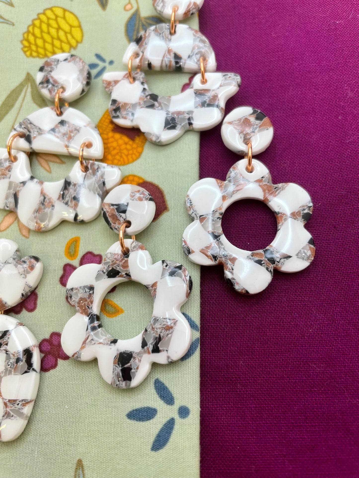 Neutral marble checkerboard drop earrings (group 2)