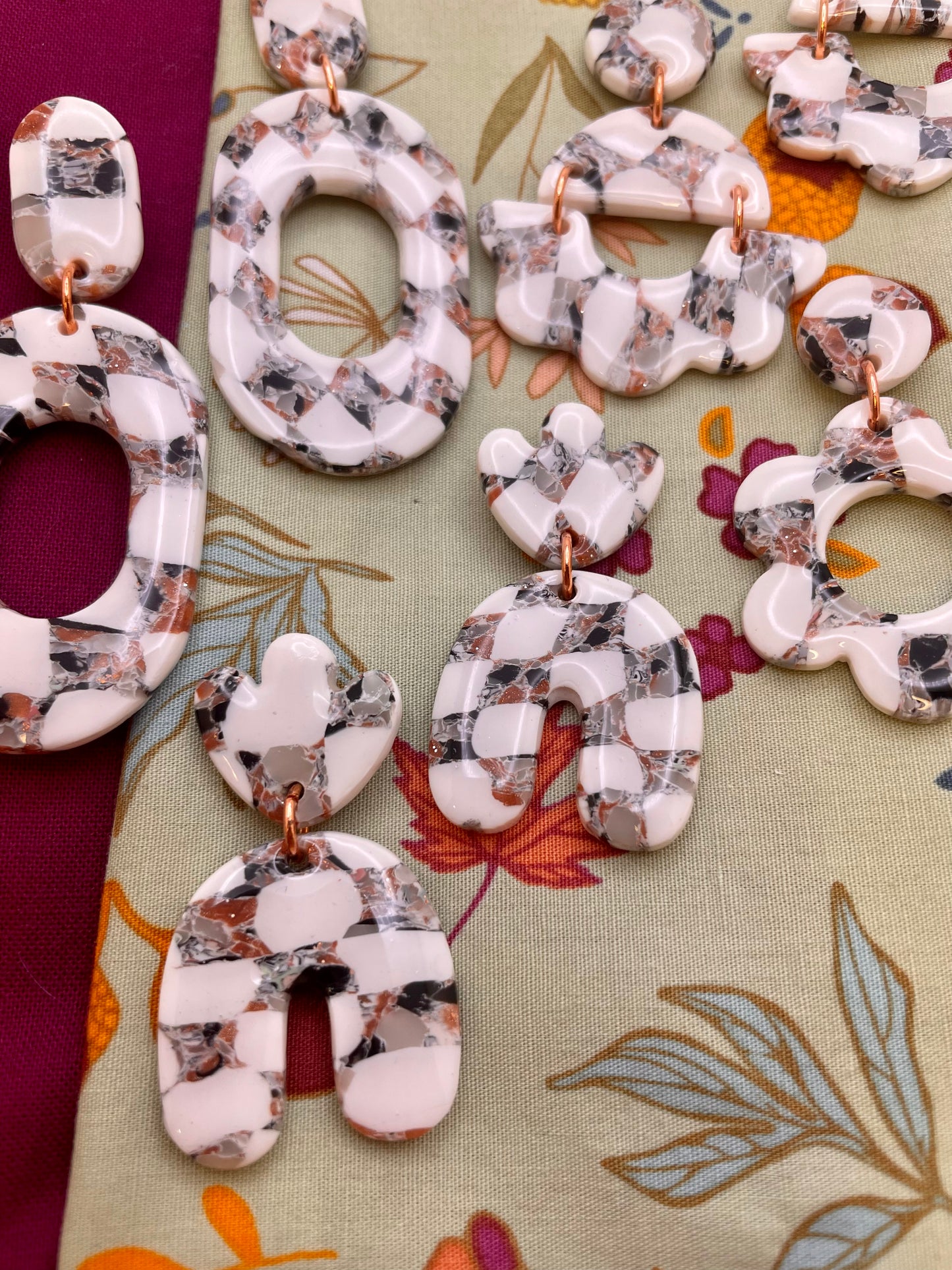 Neutral marble checkerboard drop earrings (group 2)