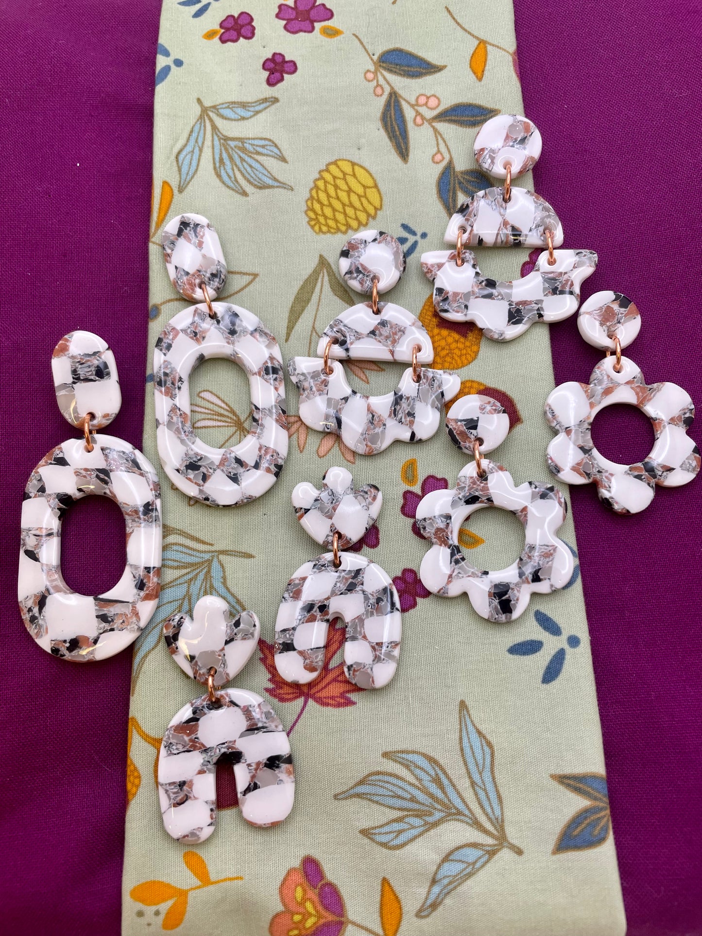 Neutral marble checkerboard drop earrings (group 2)